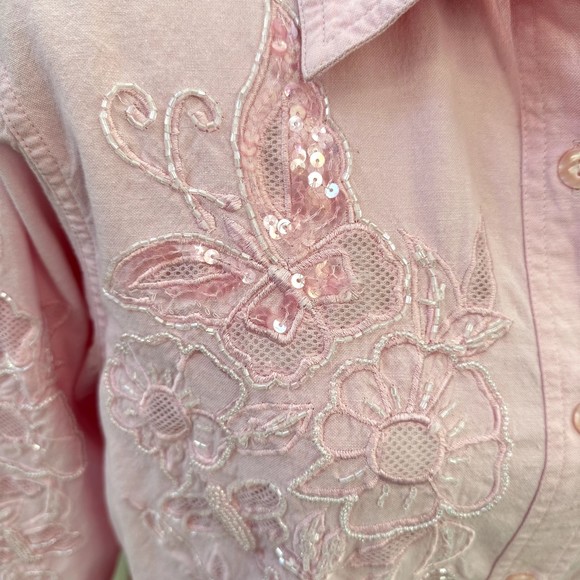 The Quacker Factory Shirt Floral Button Size M Soft Pink Sequin Embroidery Beads - Picture 12 of 15
